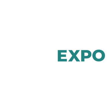 Logo der EXPO, mit minimalistischen Schriftzug in Türkis und Schwarz.